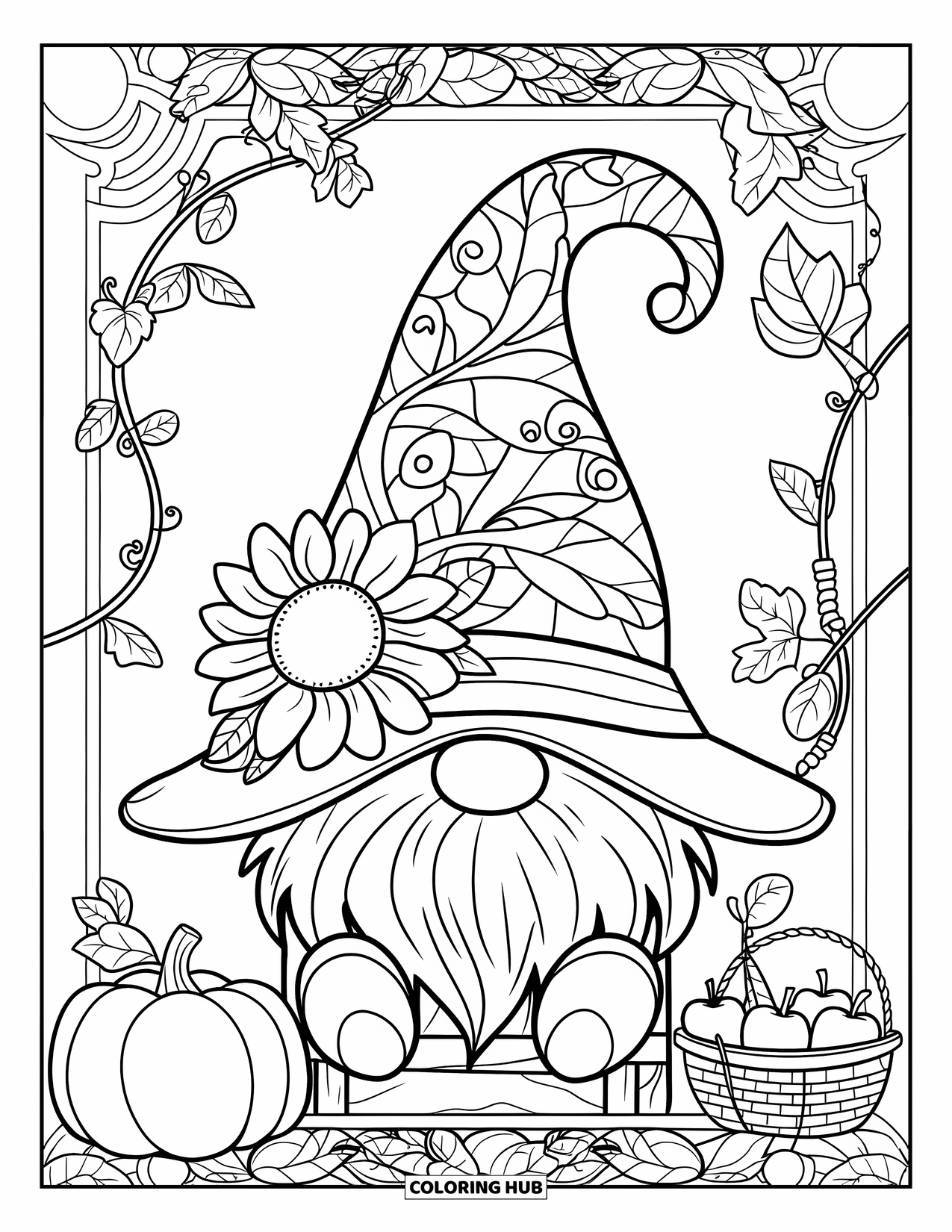 Fall Gnome Coloring Page for Adults: A gnome wearing a sunflower hat relaxes beside a chair and basket of apples