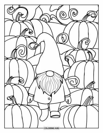 Coloriage de gnome d'automne pour adultes : Un gnome à la grande barbe marche dans une scène de récolte de citrouilles envahie de lianes