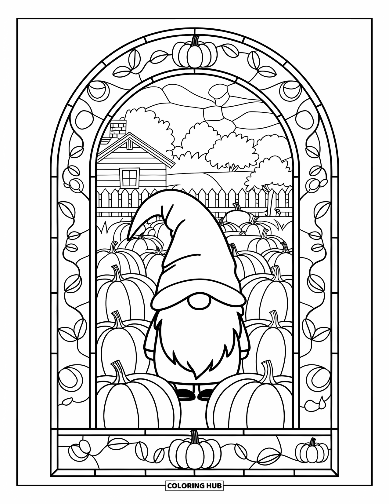 Fall Gnome Coloring Page for Adults: A gnome with a green hat explores a cozy pumpkin patch framed in stained glass