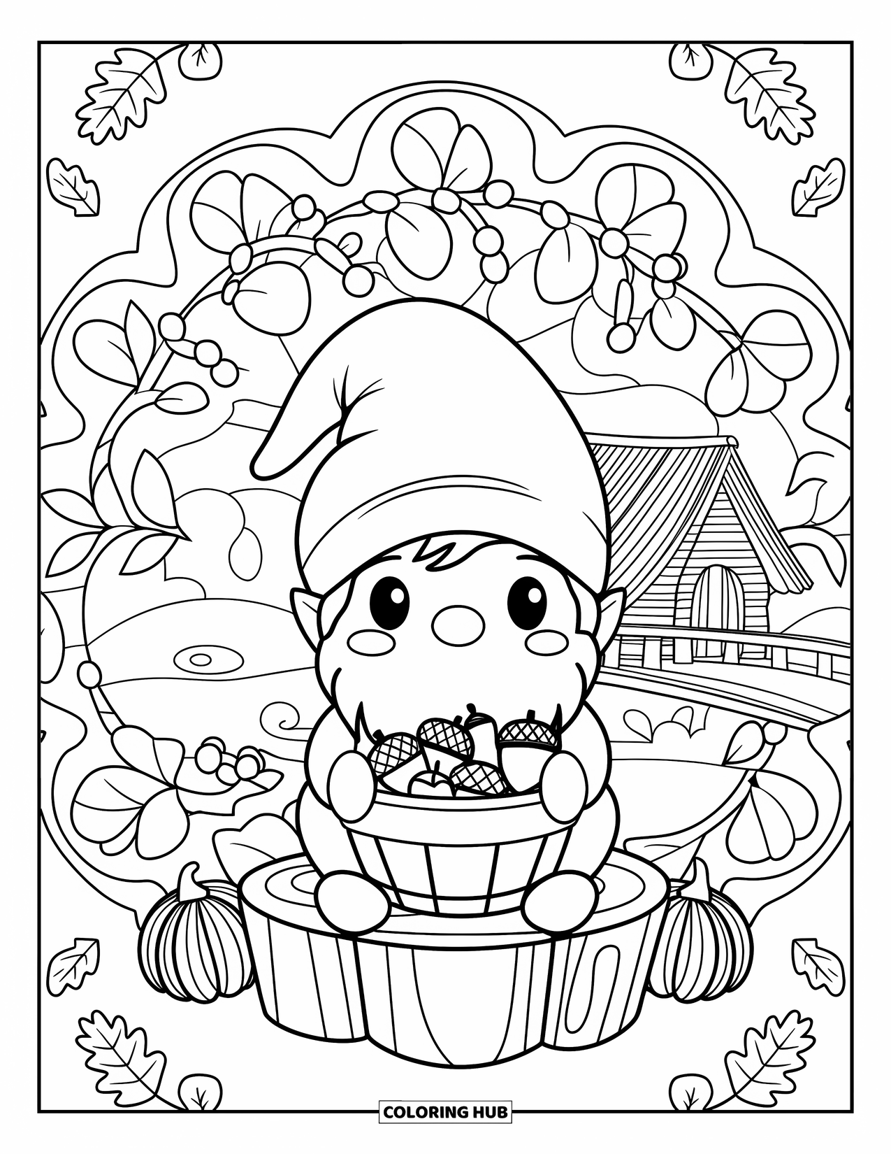 Fall Gnome Coloring Page for Adults: A gnome with a green hat holds acorns near a bridge and swirling forest mandala