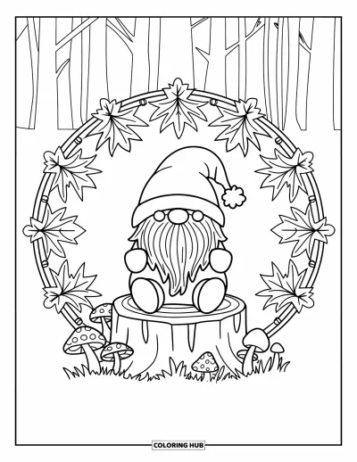 Coloriage de gnome d'automne pour adultes : Un gnome avec un chapeau vert se repose sur une souche dans une scène de mandala forestier