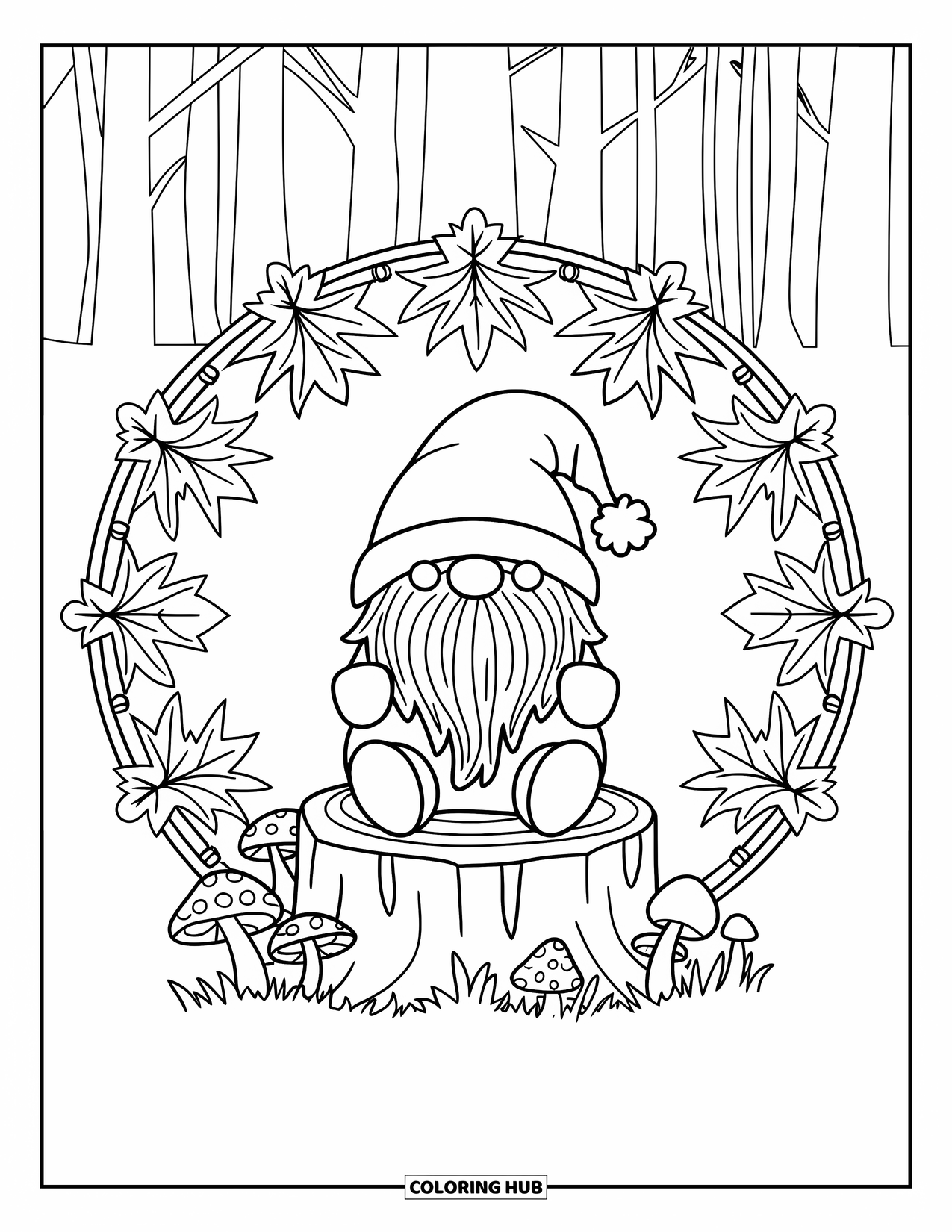 Fall Gnome Coloring Page for Adults: A gnome with a green hat rests on a stump in a forest mandala scene