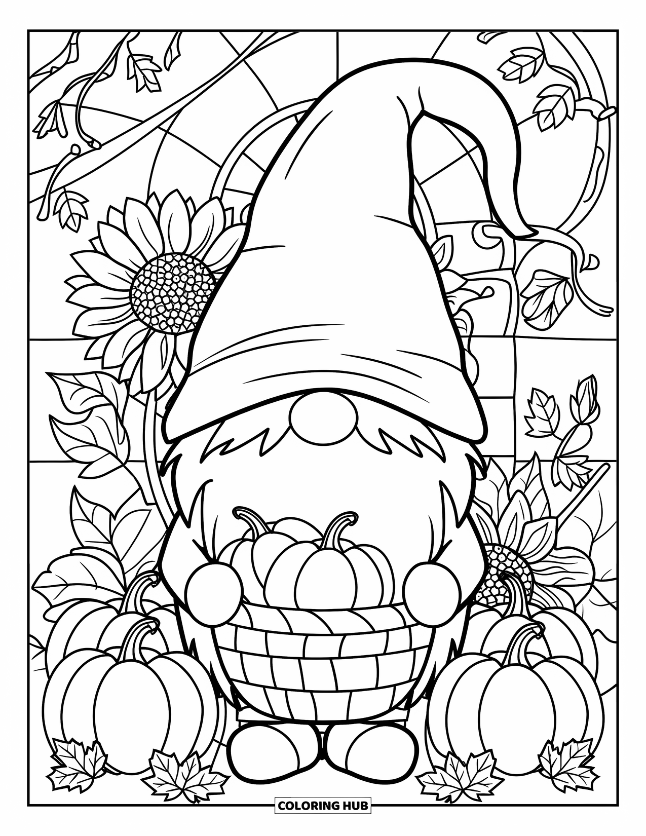 Fall Gnome Coloring Page for Adults: A gnome with a pumpkin basket strolls through a field of leaves and sunflowers