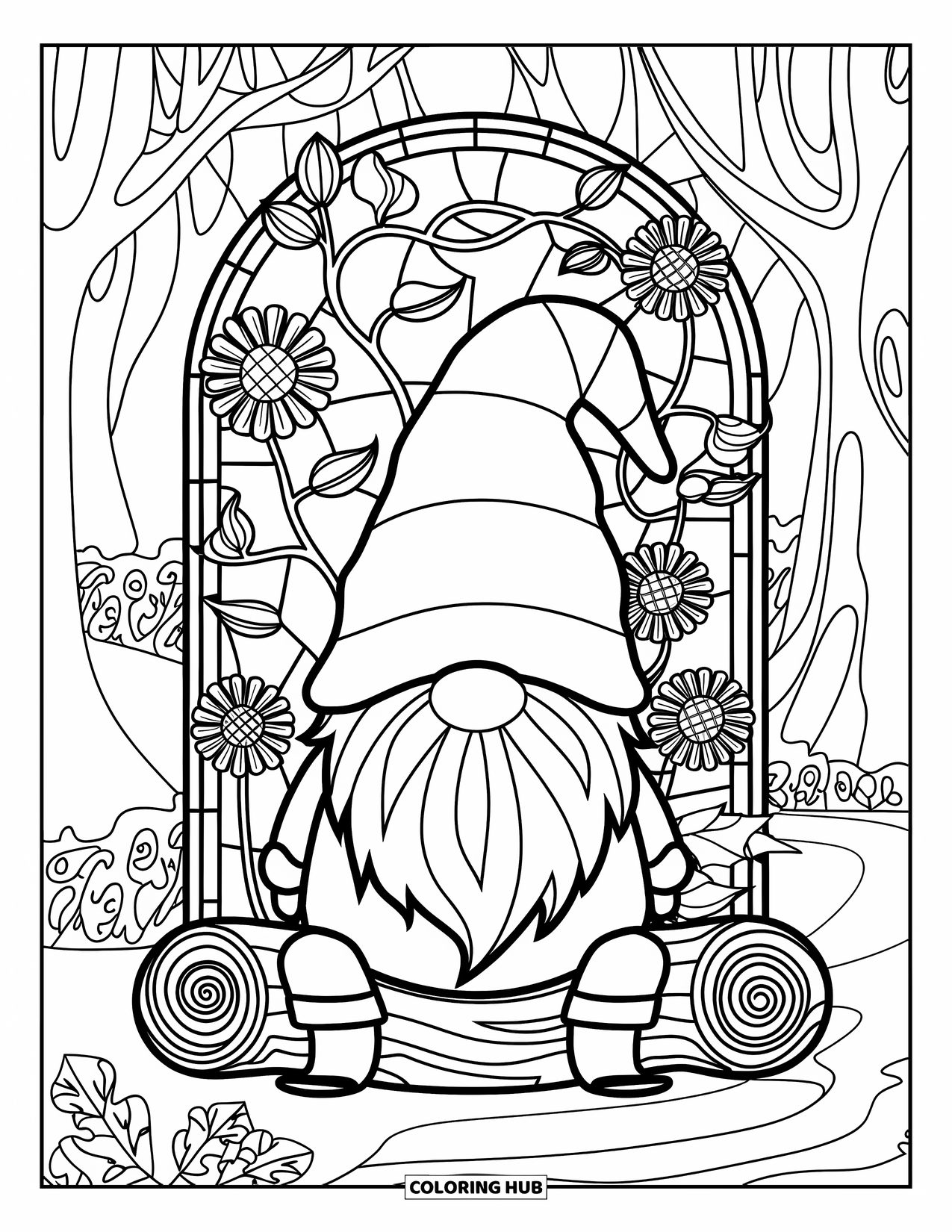 Fall Gnome Coloring Page for Adults: A gnome with a tall hat sits among vines, sunflowers, and swirling autumn leaves