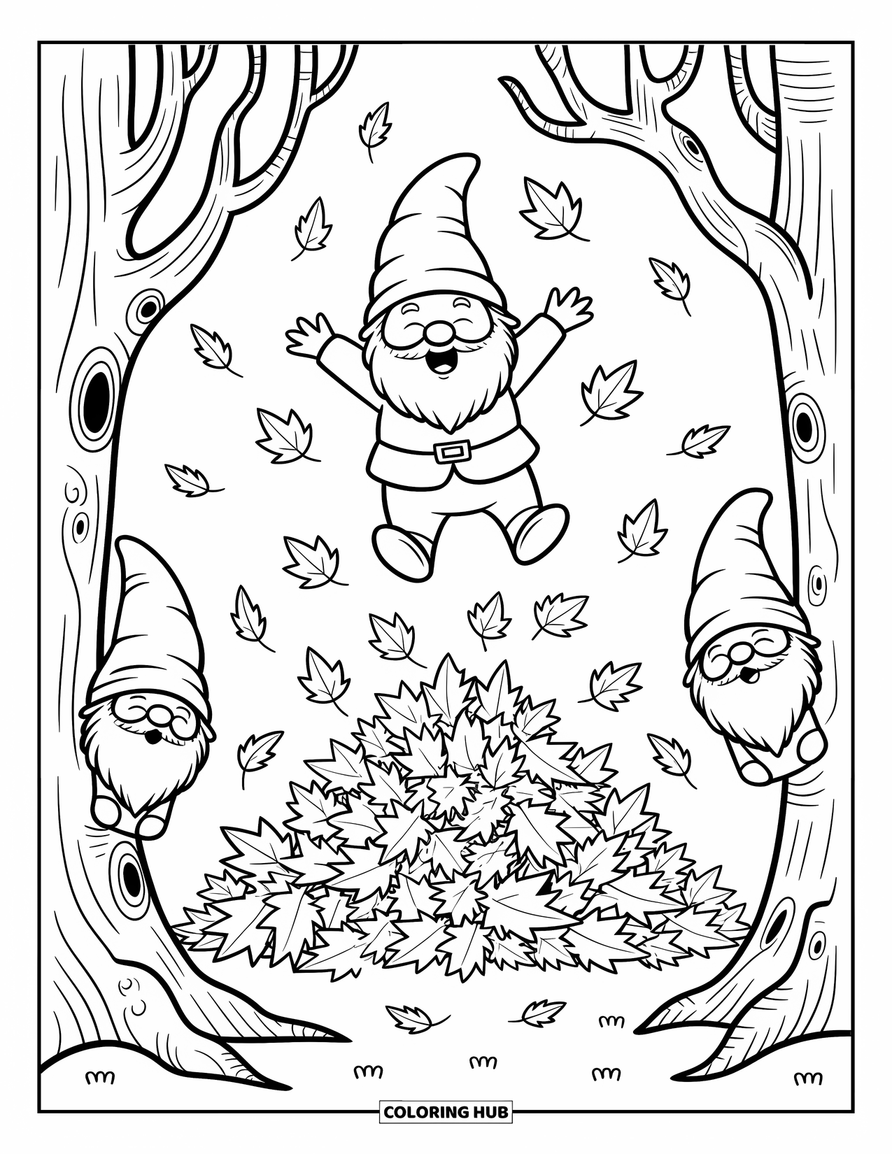Fall Gnome Coloring Page for Adults: A happy gnome leaps into a giant pile of crunchy fall leaves