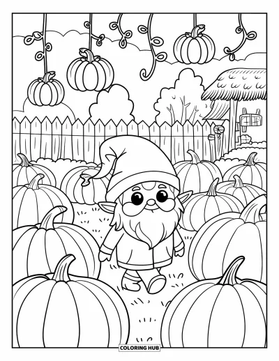Coloriage de gnome d'automne pour adultes : Un gnome heureux passe devant des citrouilles et des lianes près d'un chalet et d'arbres