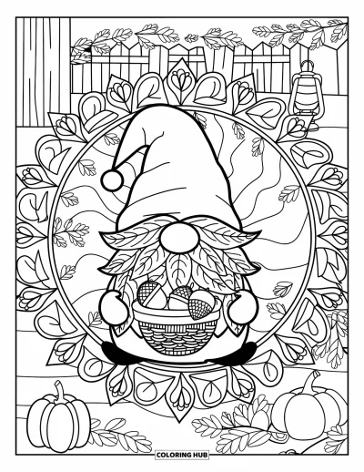 Coloriage de gnome d'automne pour adultes : Un gnome à la barbe de feuilles tient des glands dans une forêt remplie de citrouilles et de lianes