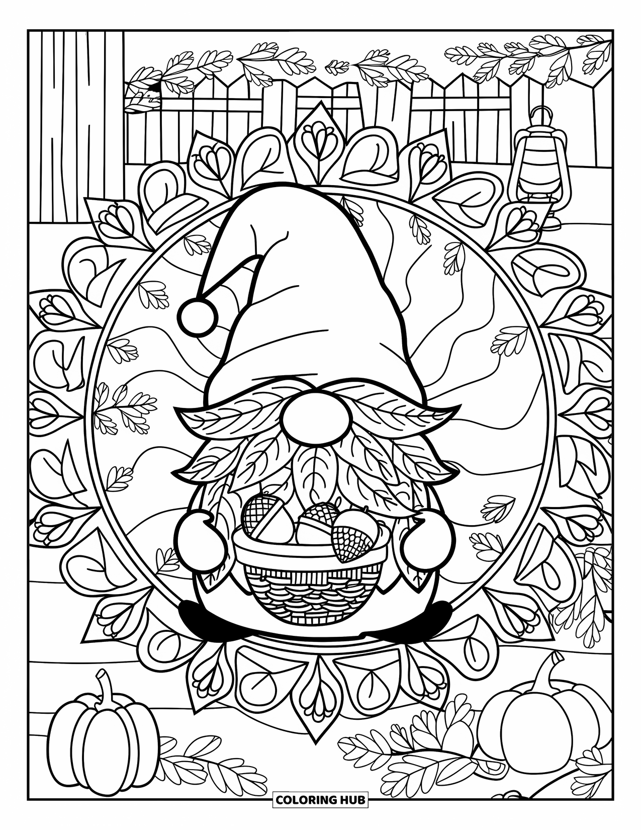 Fall Gnome Coloring Page for Adults: A leafy-bearded gnome holds acorns in a forest filled with pumpkins and vines