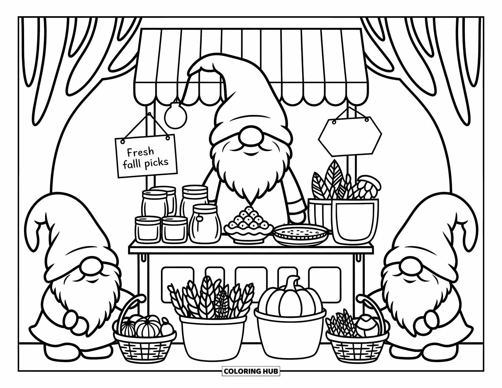Fall Gnome Coloring Page for Adults: A proud gnome runs a stall full of fall goodies and homemade jams