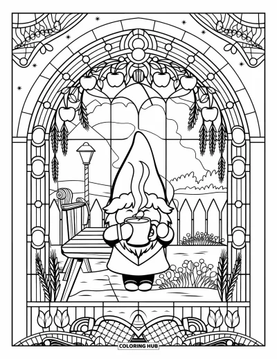 Coloriage de gnome d'automne pour adultes : Un gnome souriant tient une tasse fumante sous un arc en vitrail
