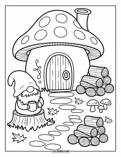 Coloriage de gnome d'automne pour adultes : Un gnome souriant sirote son thé sous les arbres près de son petit chalet-champignon