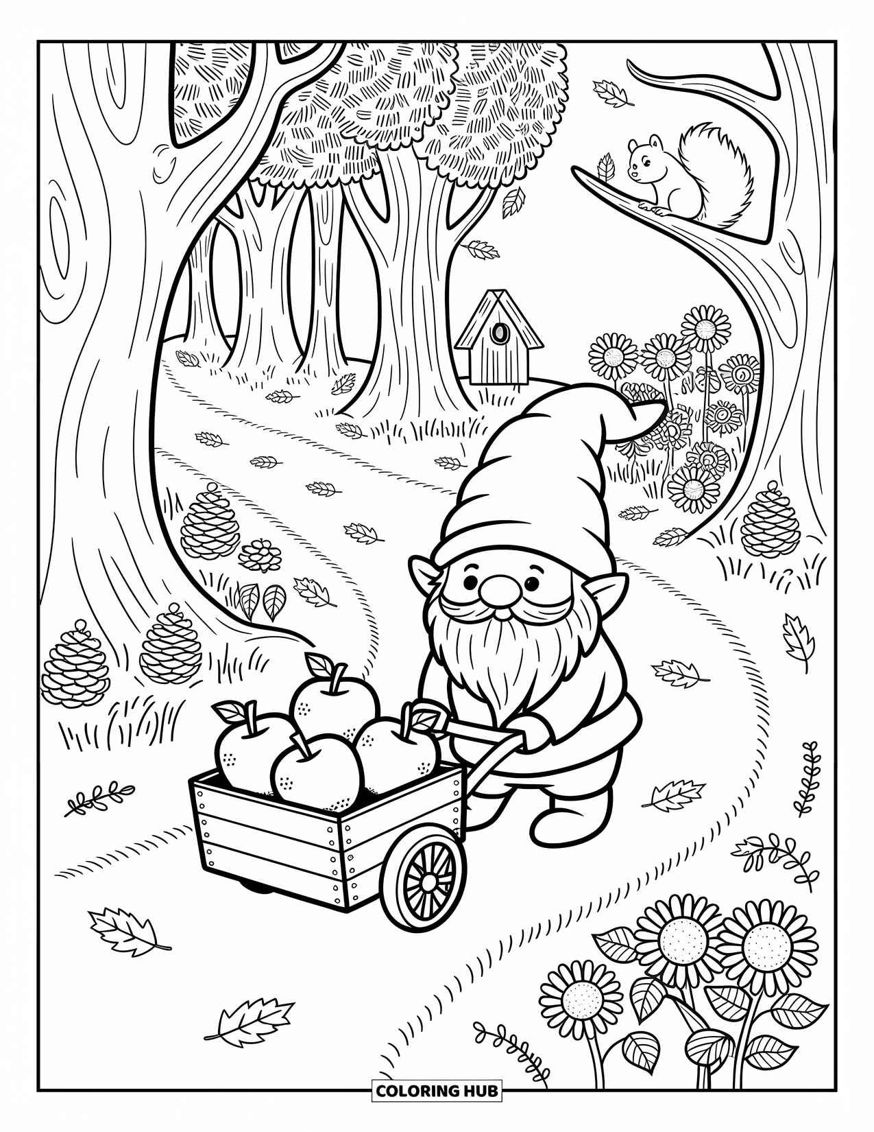 Fall Gnome Coloring Page for Adults: A squirrel watches as a gnome hauls apples near a sunflower patch