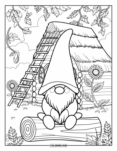 Coloriage de gnome d'automne pour adultes : Un gnome au grand chapeau se repose devant une cabane en rondins pleine de charme automnal