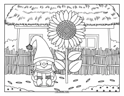 Coloriage de gnome d'automne pour adultes : Un petit gnome est appuyé contre un tournesol près d'une maison entourée d'une clôture de bâtons