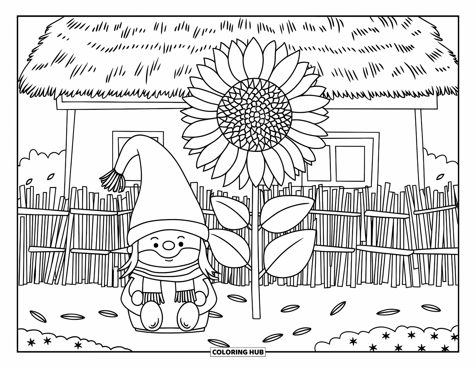 Fall Gnome Coloring Page for Adults: A tiny gnome leans against a sunflower near a house with a stick fence