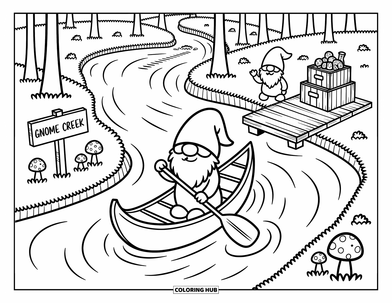 Fall Gnome Coloring Page for Adults: A tiny gnome paddles a leaf canoe down a gentle autumn stream
