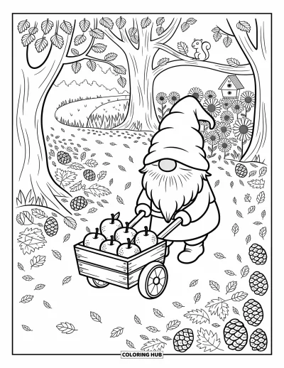 Coloriage de gnome d'automne pour adultes : Les feuilles tombées craquent sous les pas d'un gnome qui marche avec des pommes dans la forêt