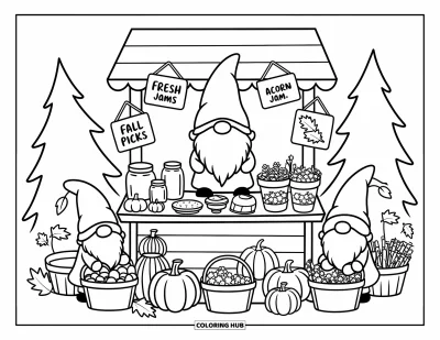 Coloriage de gnome d'automne pour adultes : Des gnomes font leurs courses parmi de petits paniers d'herbes, de tartes et de citrouilles dans un adorable marché d'automne