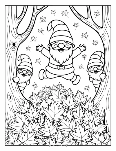 Coloriage de gnome d'automne pour adultes : Des feuilles volent partout pendant qu'un gnome saute joyeusement dans un grand tas de feuilles moelleuses
