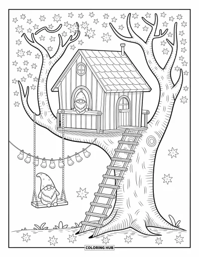 Coloriage de gnome d'automne pour adultes : Des feuilles tourbillonnent pendant qu'un gnome profite de la vue depuis la fenêtre de sa cabane dans les arbres