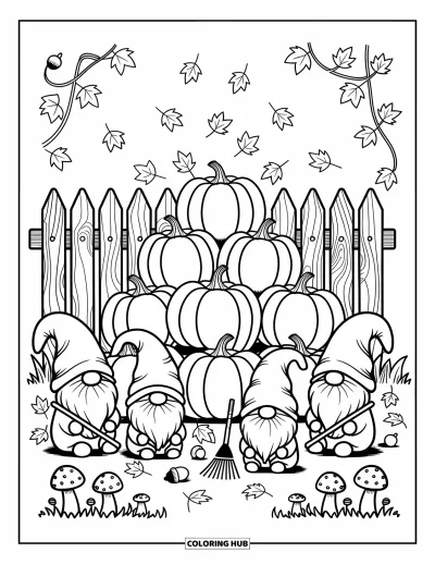 Coloriage de gnome d'automne pour adultes : Des petits râteaux en main, des gnomes ramassent les feuilles autour de grandes citrouilles bossues