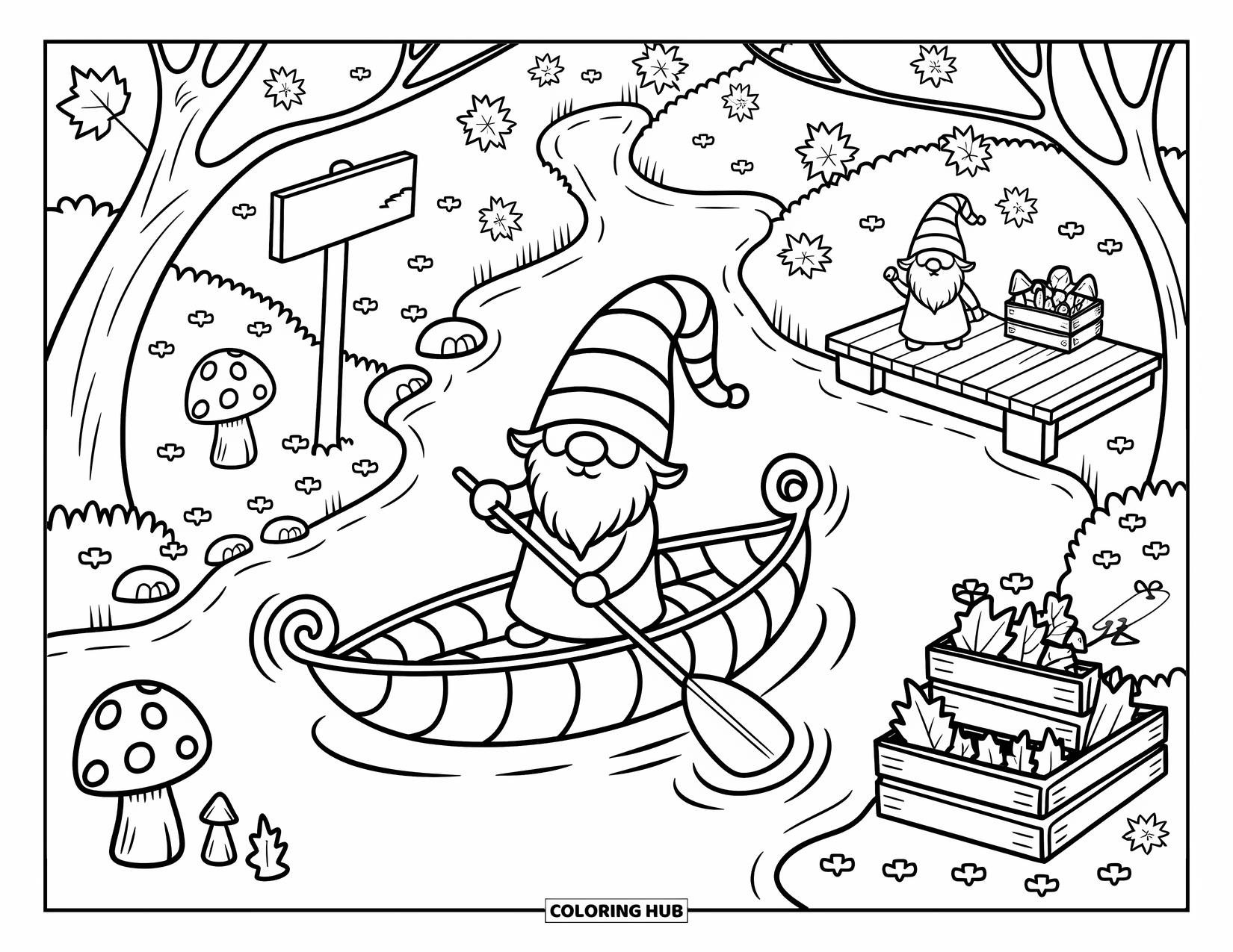 Fall Gnome Coloring Page for Adults: One gnome waves from a dock while another floats by in a leaf boat
