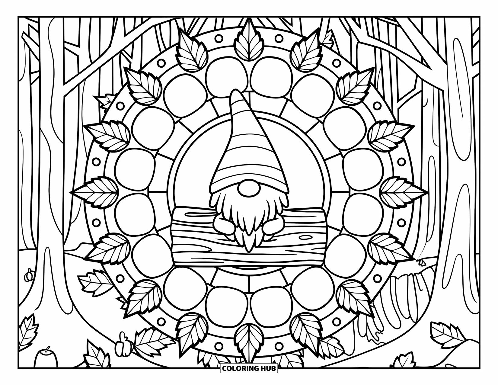 Fall Gnome Coloring Page for Adults: Swirling apples and oak leaves frame a gnome resting on a forest log