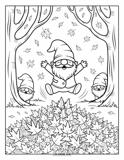 Coloriage de gnome d'automne pour adultes : Deux gnomes rigolent derrière des arbres pendant que leur ami plonge dans un tas de feuilles