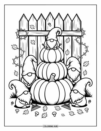 Coloriage de gnome d'automne pour adultes : Des lianes s'enroulent le long d'une clôture pendant que des gnomes sont assis près de leur pile de citrouilles