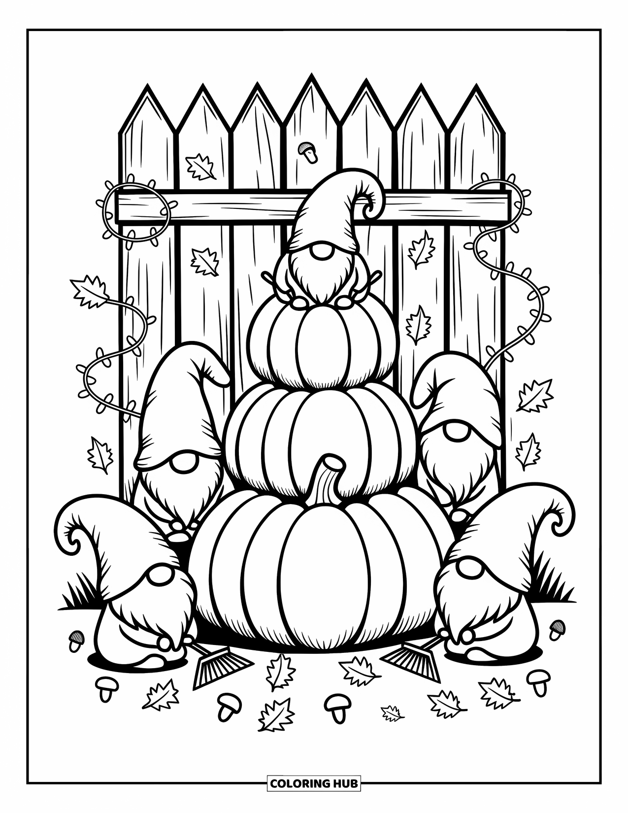 Fall Gnome Coloring Page for Adults: Vines curl along a fence as gnomes sit beside their pumpkin pile