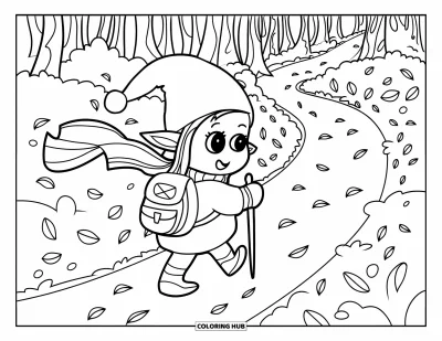 Coloriage de gnome d'automne pour enfants : Un gnome bien emmitouflé randonne à travers des feuilles tourbillonnantes sur un sentier forestier tranquille