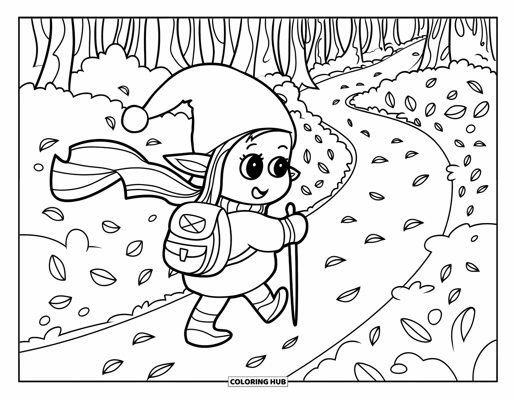 Fall Gnome Coloring Page for Kids: A bundled-up gnome hikes through swirling leaves along a quiet forest trail