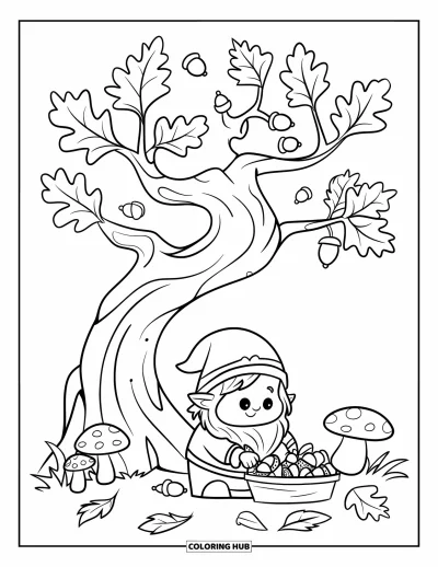 Coloriage de gnome d'automne pour enfants : Un gnome joyeux ramasse des glands sous un arbre tordu entouré de feuilles et de champignons
