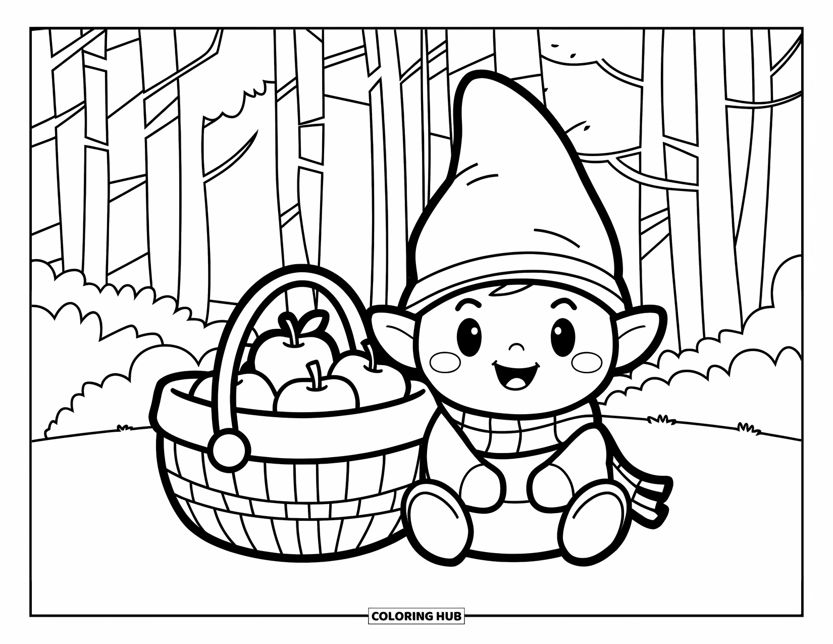 Fall Gnome Coloring Page for Kids: A cheerful gnome sits by a full apple basket in a peaceful forest
