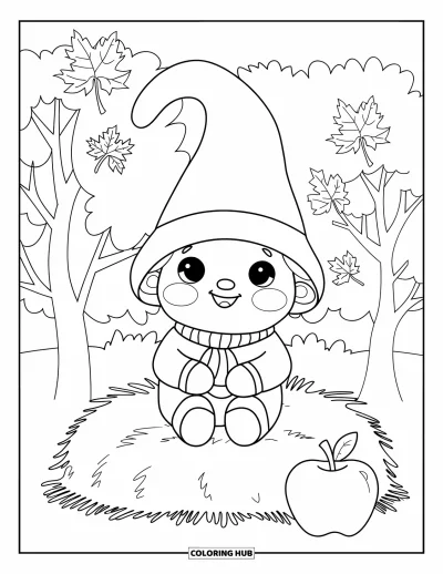 Coloriage de gnome d'automne pour enfants : Un gnome souriant est assis sur une botte de foin avec une pomme à côté et des arbres d'automne derrière