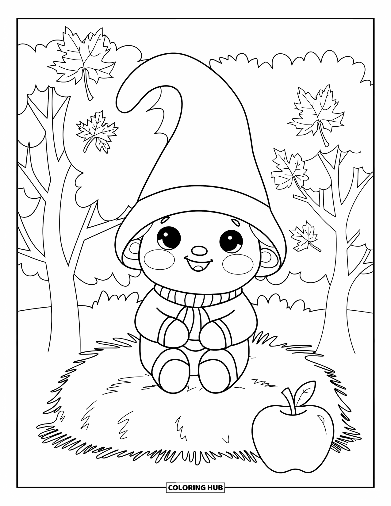 Fall Gnome Coloring Page for Kids: A cheerful gnome sits on a hay bale with an apple nearby and fall trees behind