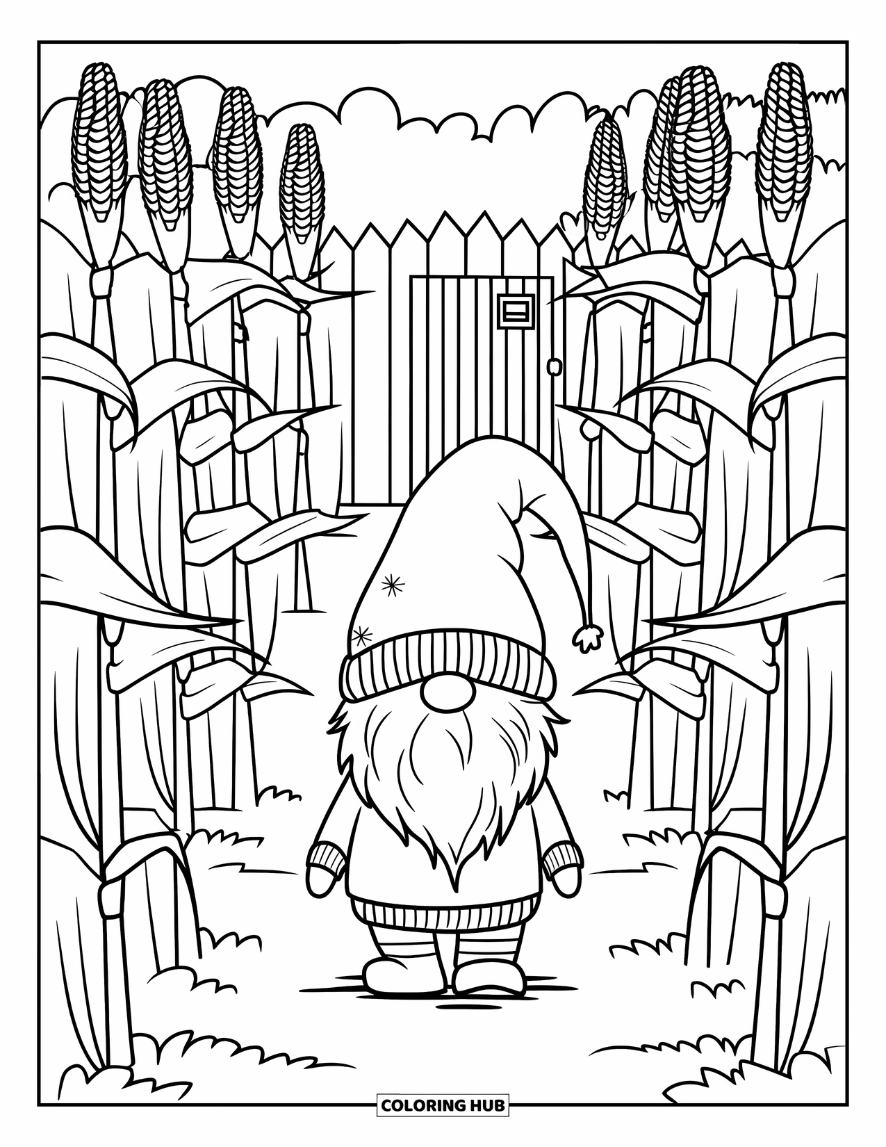Fall Gnome Coloring Page for Kids: A cheerful gnome wanders a corn maze near a fence, gate, and orange stalks