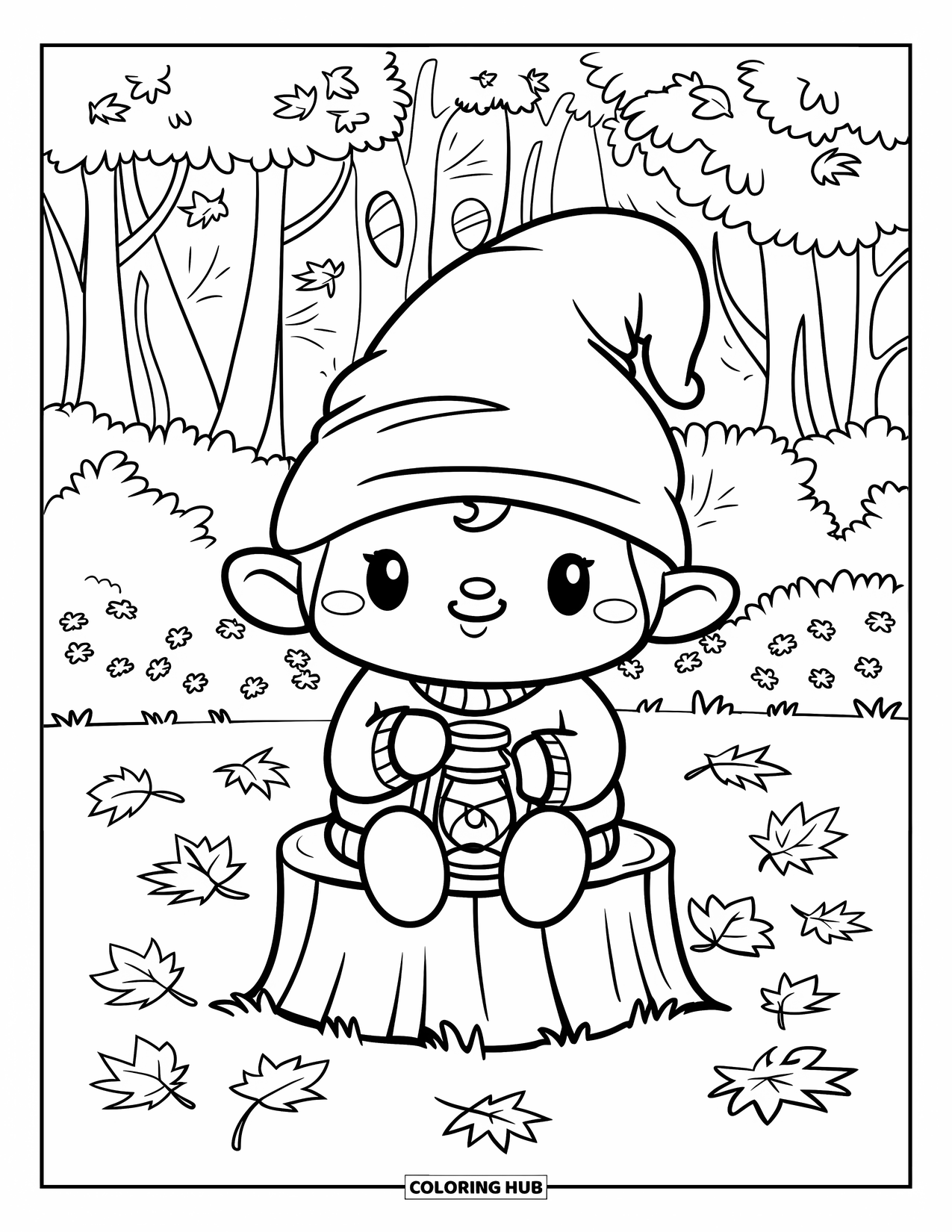 Fall Gnome Coloring Page for Kids: A cozy gnome holds a lantern on a stump in a leafy forest