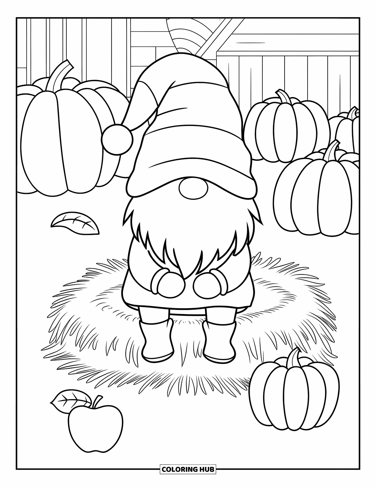 Fall Gnome Coloring Page for Kids: A cozy gnome in a red sweater sits on a hay bale with apples and pumpkins