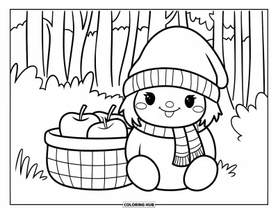 Coloriage de gnome d'automne pour enfants : Un gnome douillet avec une écharpe se repose près de pommes sous de grands arbres forestiers