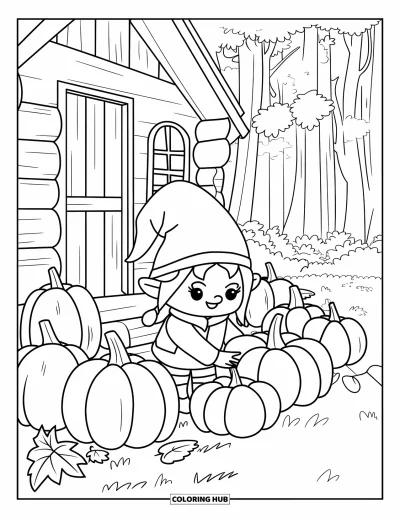 Coloriage de gnome d'automne pour enfants : Un gnome douillet dépose des citrouilles devant une grande cabane avec des feuilles sur le sol