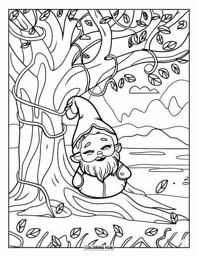 Coloriage de gnome d'automne pour enfants : Un gnome confortable se repose sous un arbre tordu avec des lianes et une vue sur les montagnes