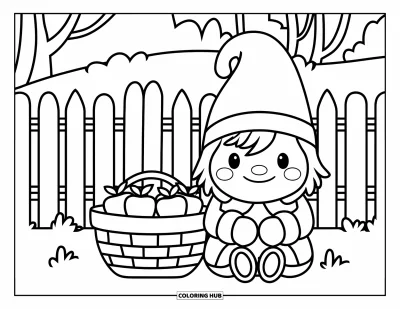 Coloriage de gnome d'automne pour enfants : Un gnome douillet est assis près de pommes contre une clôture et quelques arbres