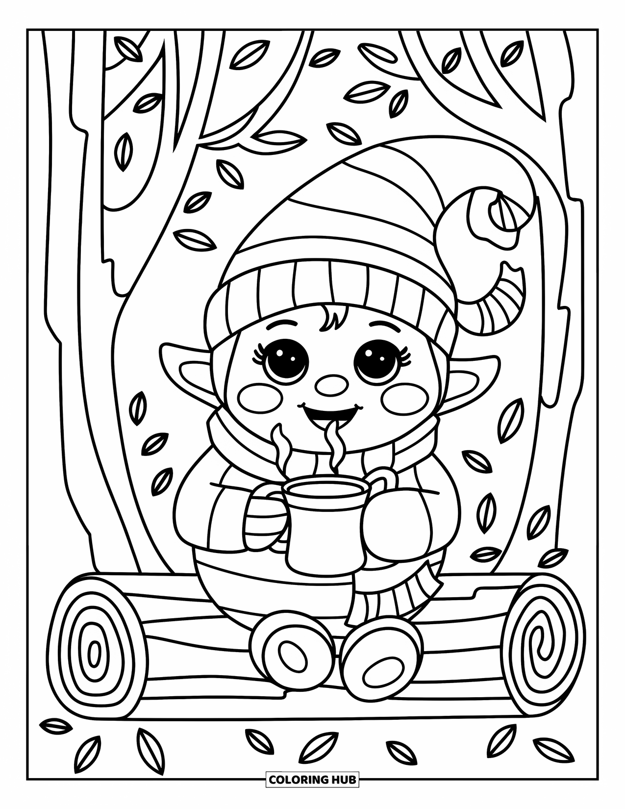 Fall Gnome Coloring Page for Kids: A cozy gnome sits on a log holding a warm mug and smiling in the woods