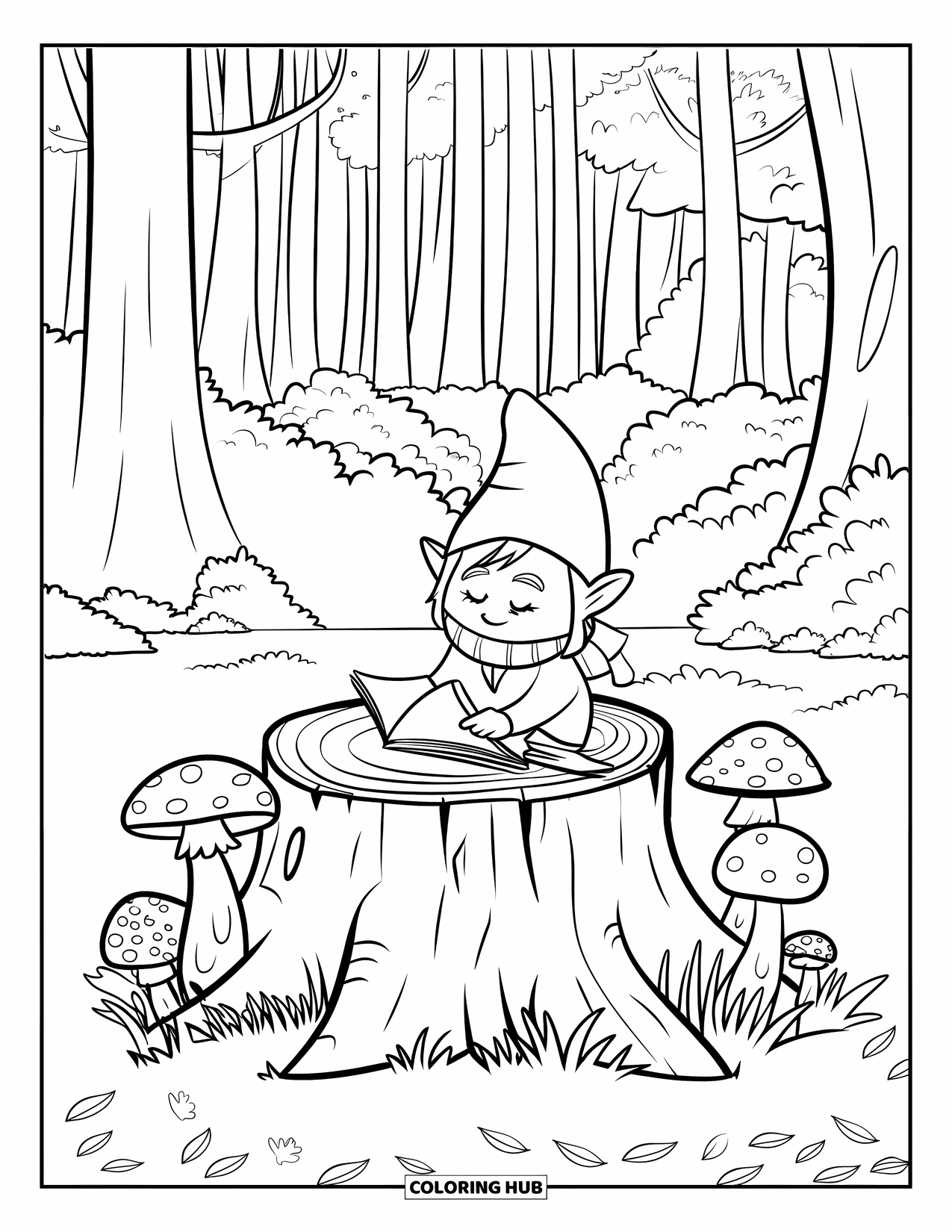 Fall Gnome Coloring Page for Kids: A cozy gnome sits on a stump journaling beside mushrooms and tall forest trees