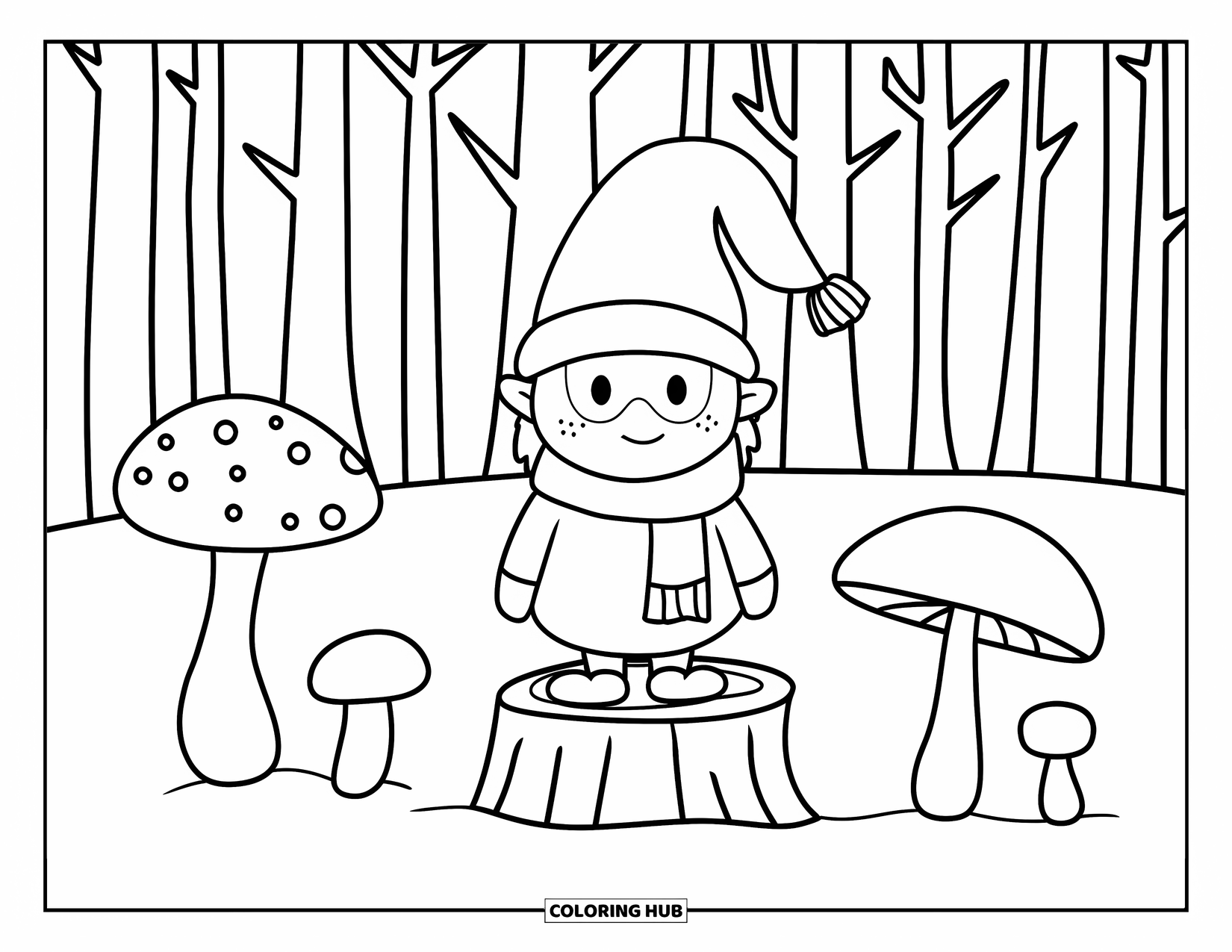 Fall Gnome Coloring Page for Kids: A cozy gnome stands on a stump among mushrooms in a peaceful forest