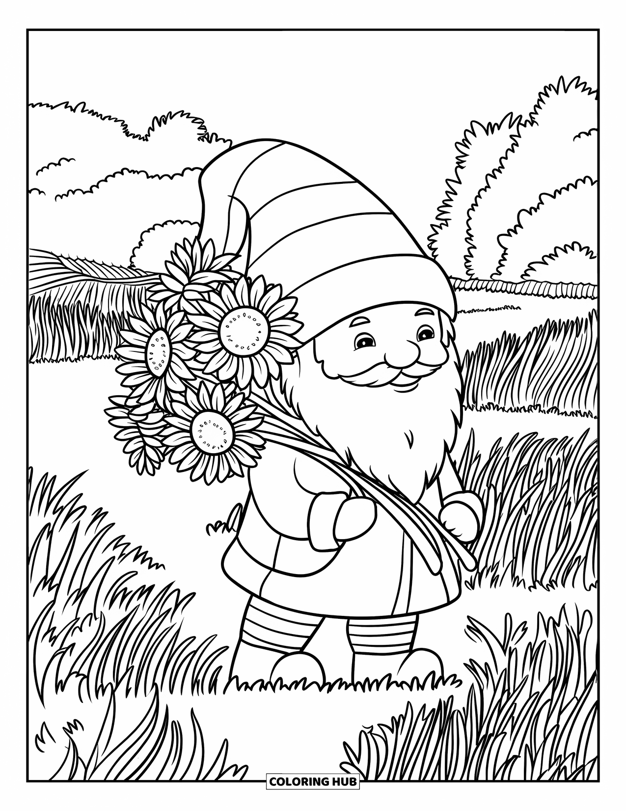 Fall Gnome Coloring Page for Kids: A cozy gnome with a beard walks through tall grass holding sunflowers