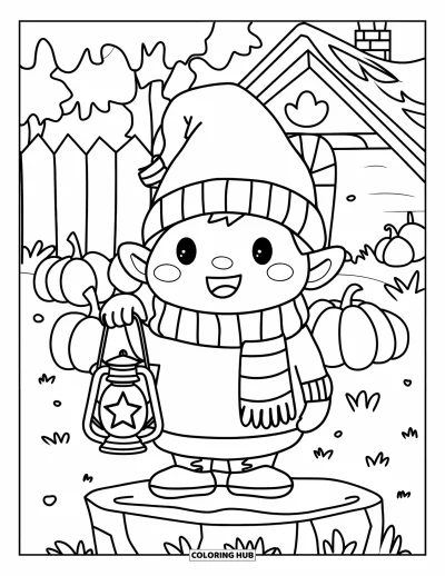Coloriage de gnome d'automne pour enfants : Un gnome avec une lanterne se tient près d'une clôture, de citrouilles et d'une maison avec une cheminée