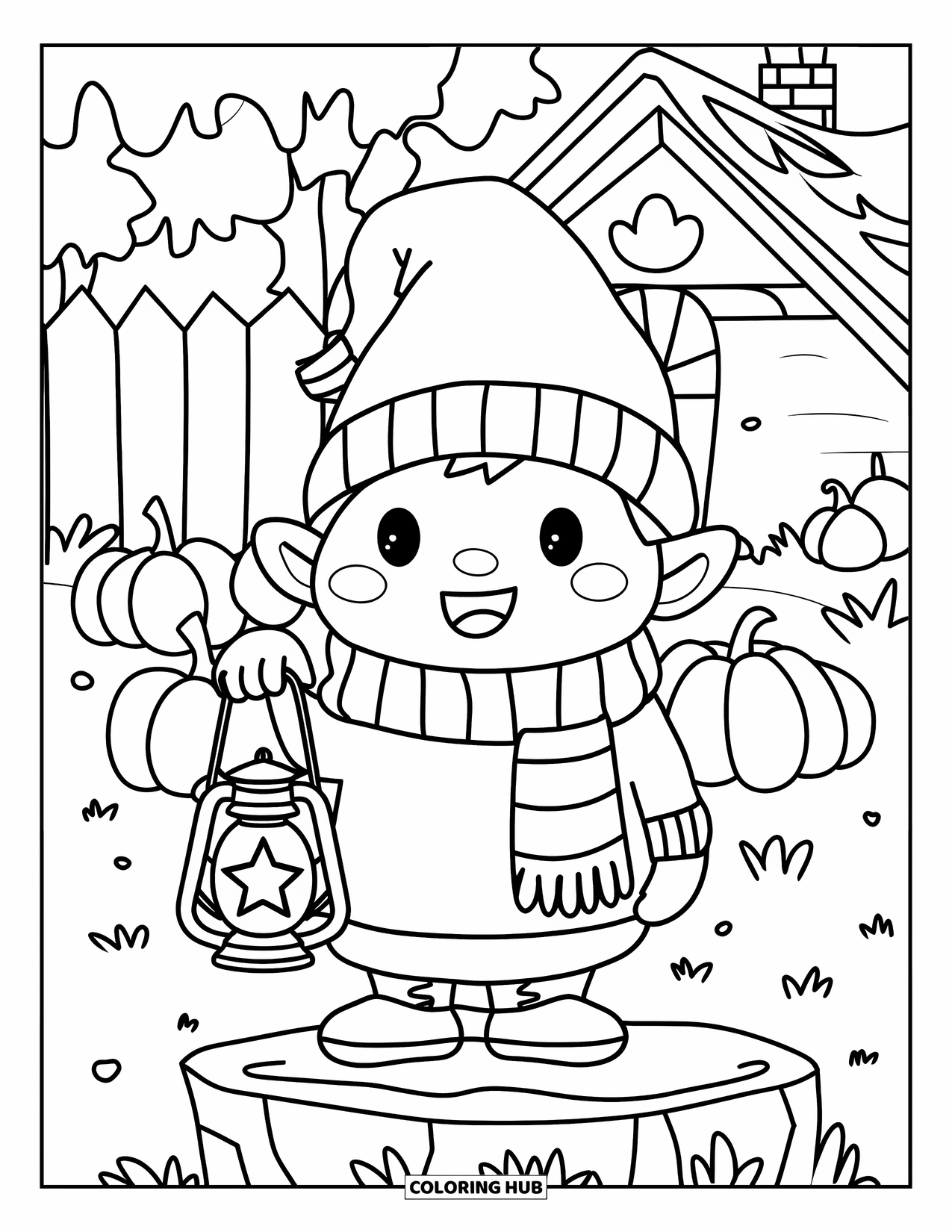 Fall Gnome Coloring Page for Kids: A cozy gnome with a lantern stands near a fence, pumpkins, and a chimneyed house