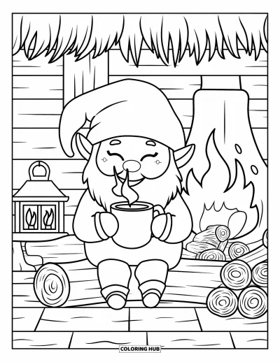 Coloriage de gnome d'automne pour enfants : Un gnome souriant avec une tasse est installé près d'une cheminée, d'une lanterne et d'une cabane en bois